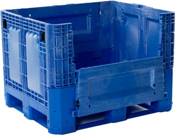 A heavy-duty 48x40 blue plastic bulk container with a drop-down door for easy access to contents during industrial storage and transport.
