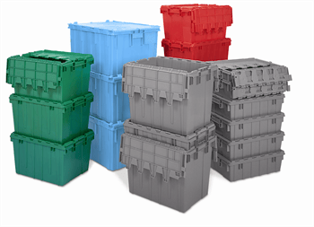 A stacks of heavy-duty distribution totes with interlocking attached lids, ready for shipping.