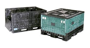 Two heavy-duty, extended length plastic bulk containers, one open and one closed with a lid, designed for transporting long or oversized industrial parts.