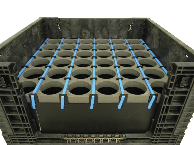 Foam dunnage for automotive struts inside a reusable container