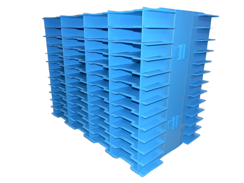 Blue plastic storage unit with multiple shelves for organizing and storing various items.