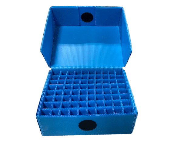 Durable blue storage box with compartments for organized storage and easy access.