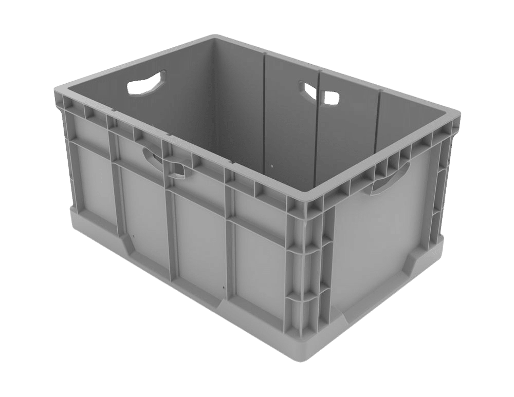 Gray storage bin for organizing and storing various items efficiently.