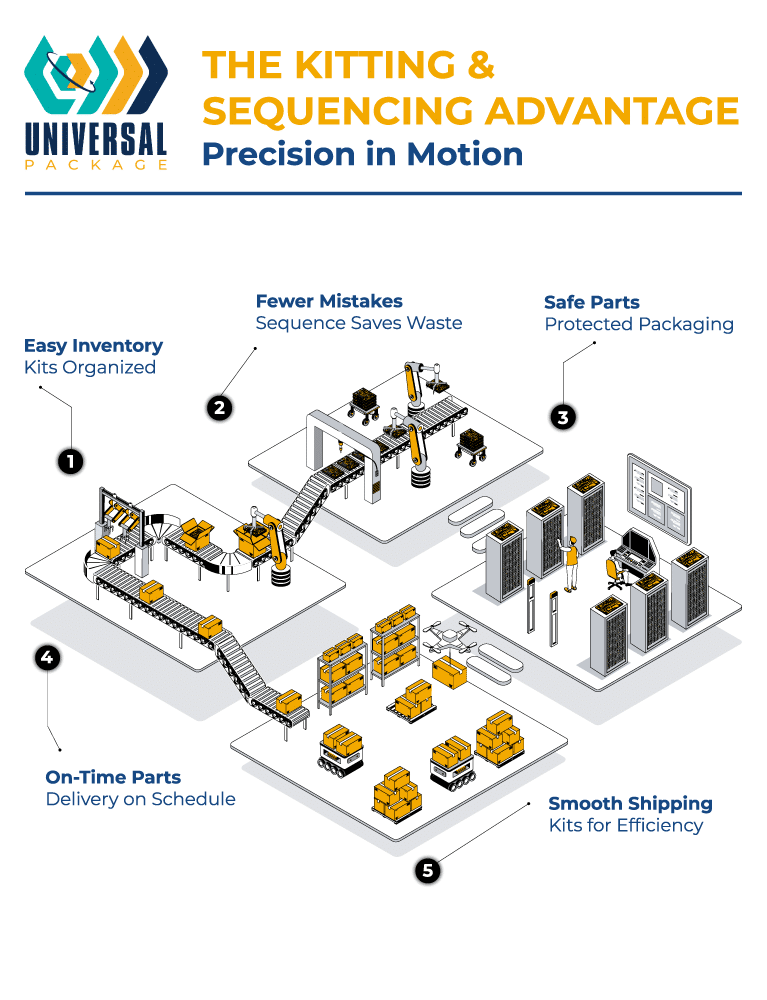 Kitting and sequencing optimize inventory management for efficient order fulfillment and shipping.
