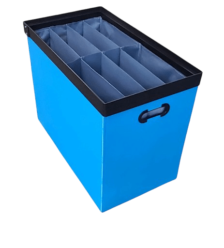 Blue tote with textile dunnage dividers for organized storage and efficient space management.
