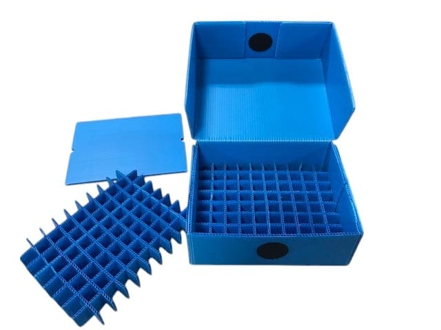 Blue storage tote with interior dividers for organizing items efficiently and stylishly.