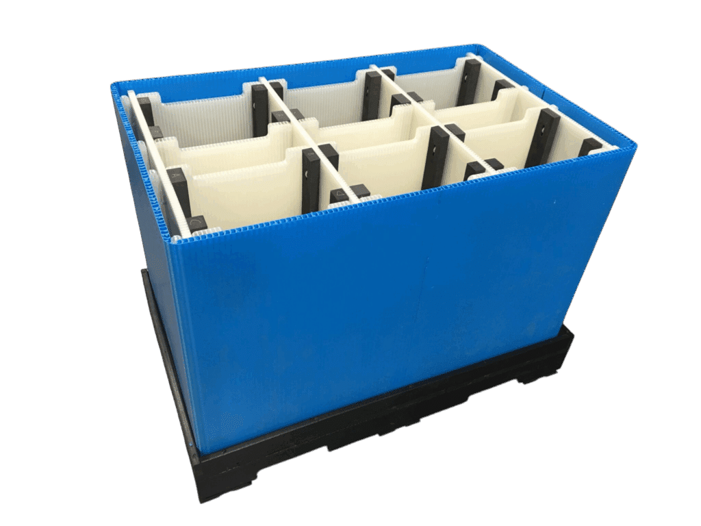Blue returnable packaging with interior dividers for organized storage and easy access to items.
