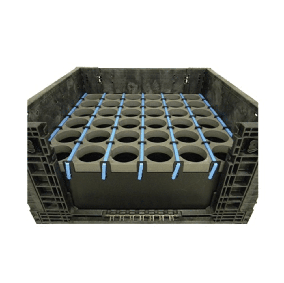 Efficient storage solution for cylindrical containers with dividers in a sturdy crate.