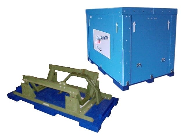 Storage container parts including a blue container and a green base frame.